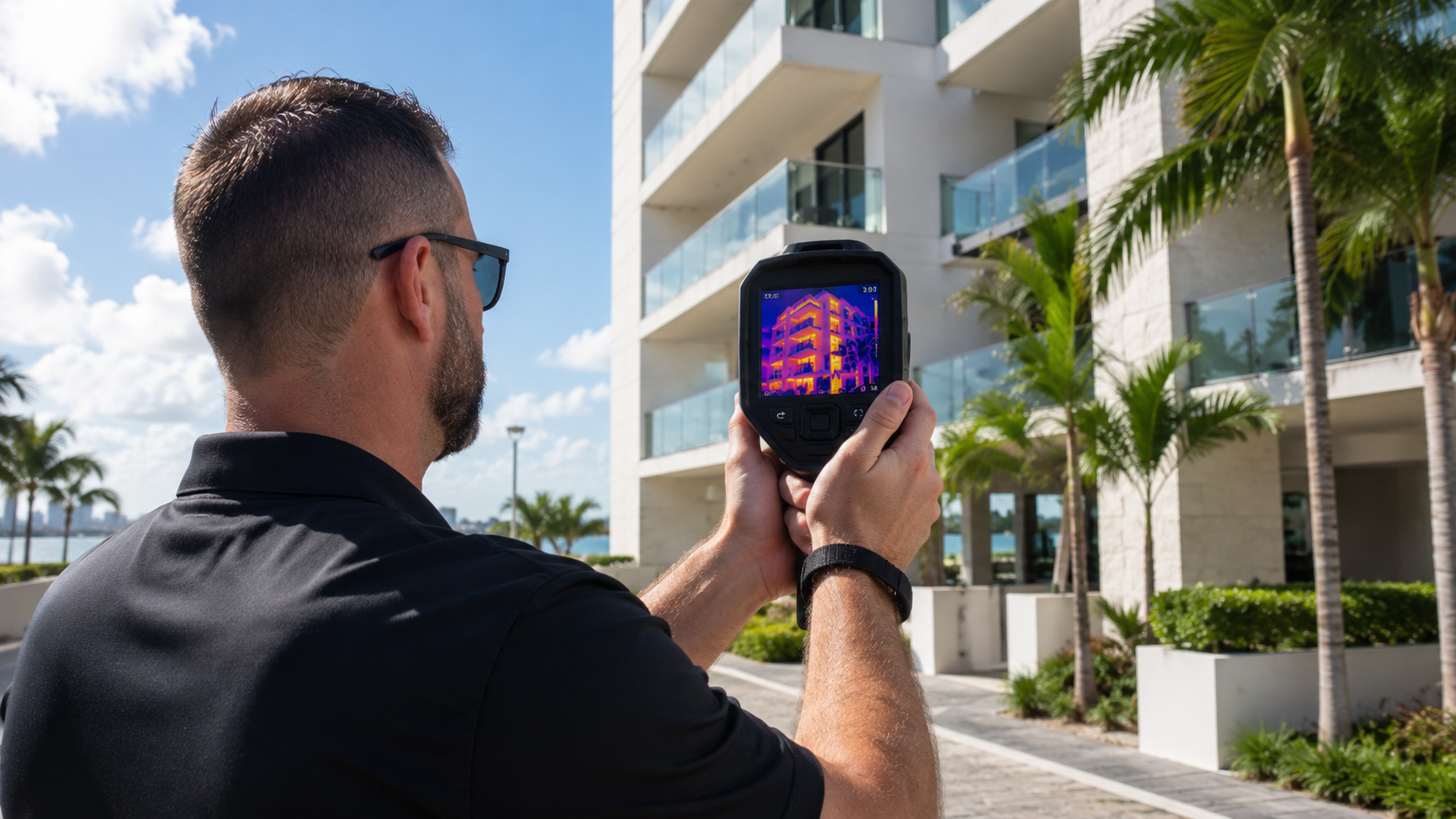 Certified thermographer inspecting a commercial building